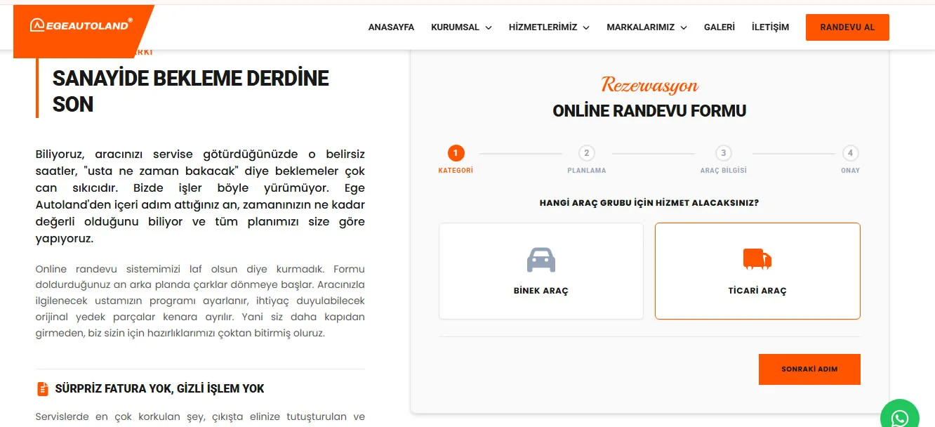 Ege Autoland İzmir Özel Servis Arayüzü